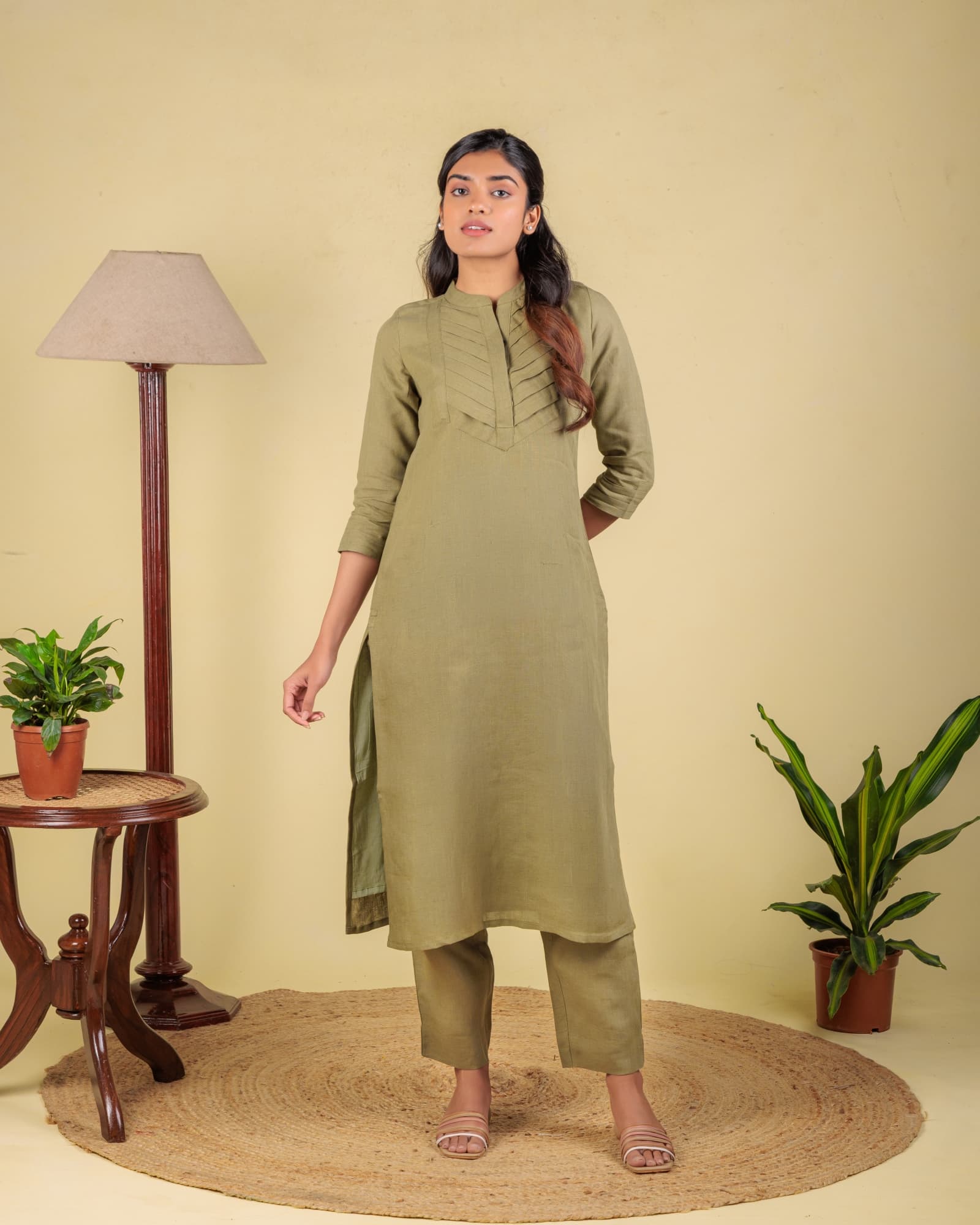 Green Pleated Kurta view 1