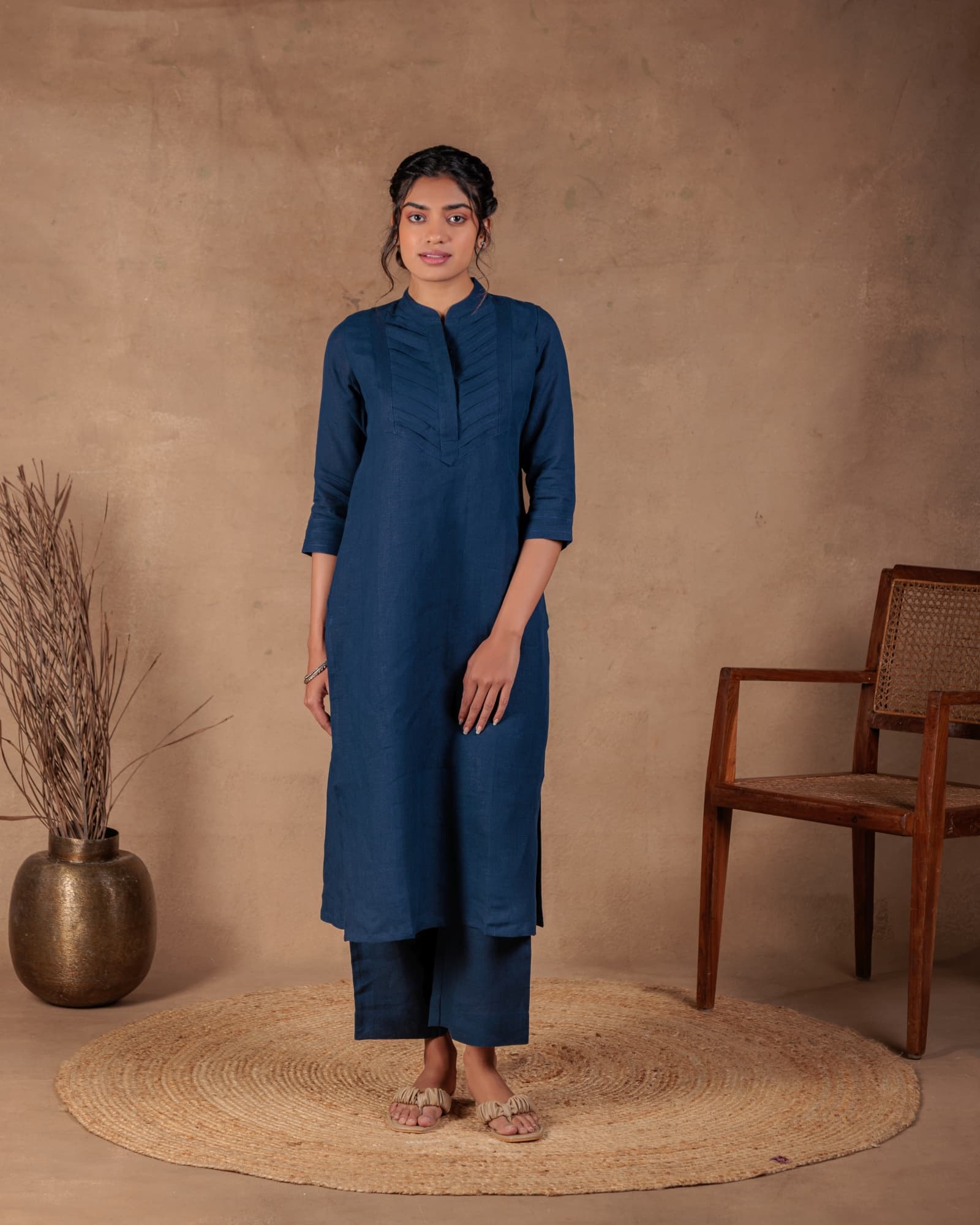 Navy Pleated Kurta view 3