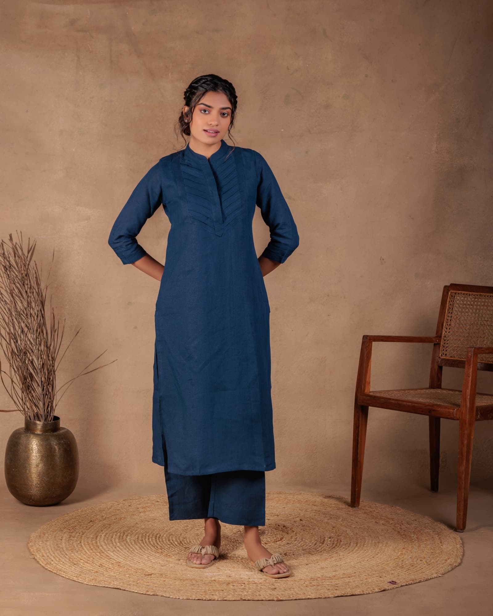 Navy Pleated Kurta view 4