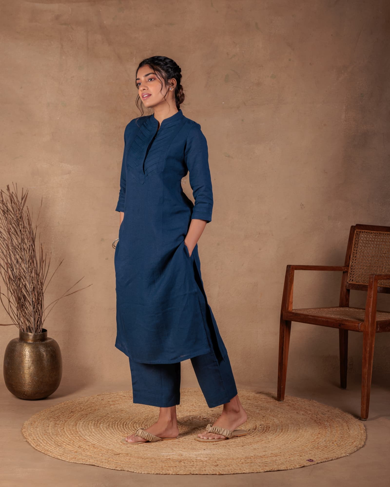 Navy Pleated Kurta view 6